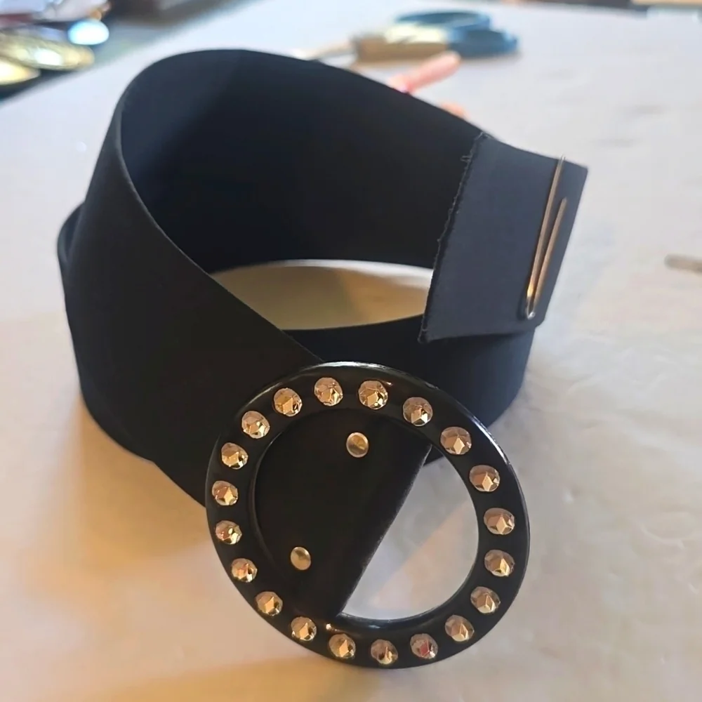 Vintage Womens Black Satin WIDE Rhinestone Bling Belt Sz.Small/MEDIUM